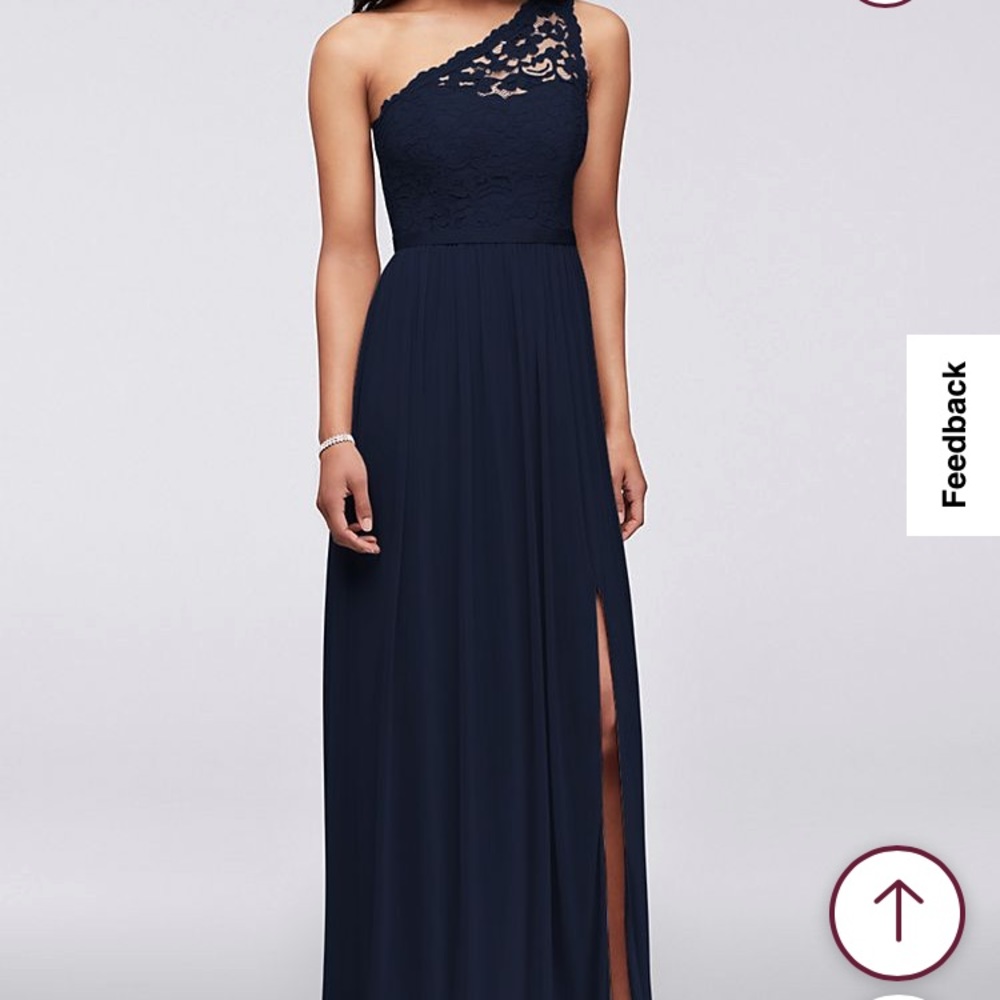 EUC David's Bridal Long One Shoulder Lace Bridesmaid Dress Size 14, Color Marine